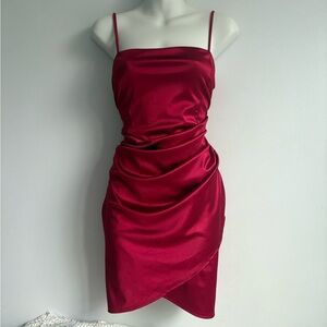 Red Satin Windsor Asymmetrical Ruched Mini Dress